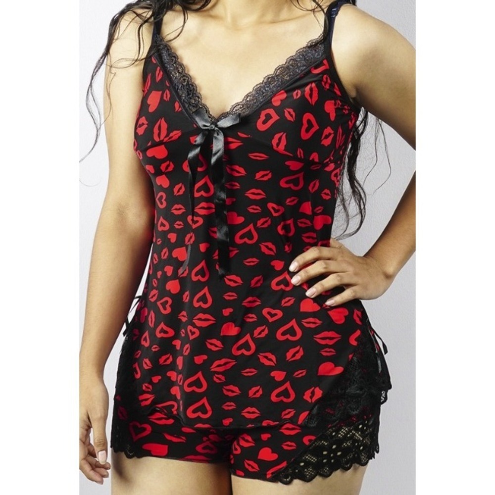 GIA Black Red Heart Lips Pajama Lingerie‎ Set Sleepwear Shorts Camisole S/L